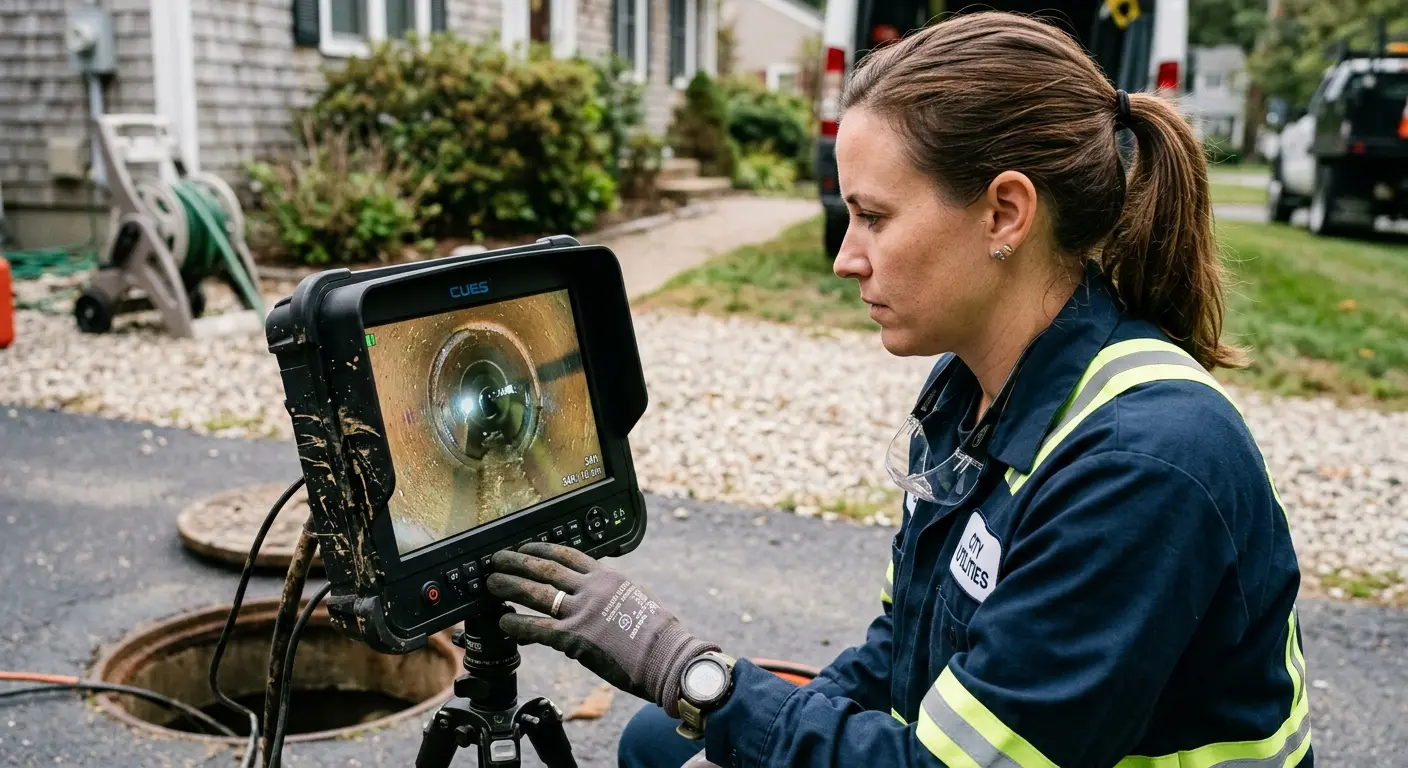 Technician reviewing sewer camera inspection footage in Elizabeth