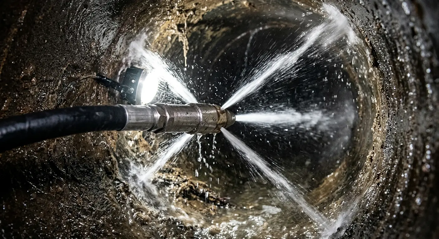 High-pressure hydro jetting nozzle cleaning sewer pipe for Trenchless Sewer Repair in Elizabeth
