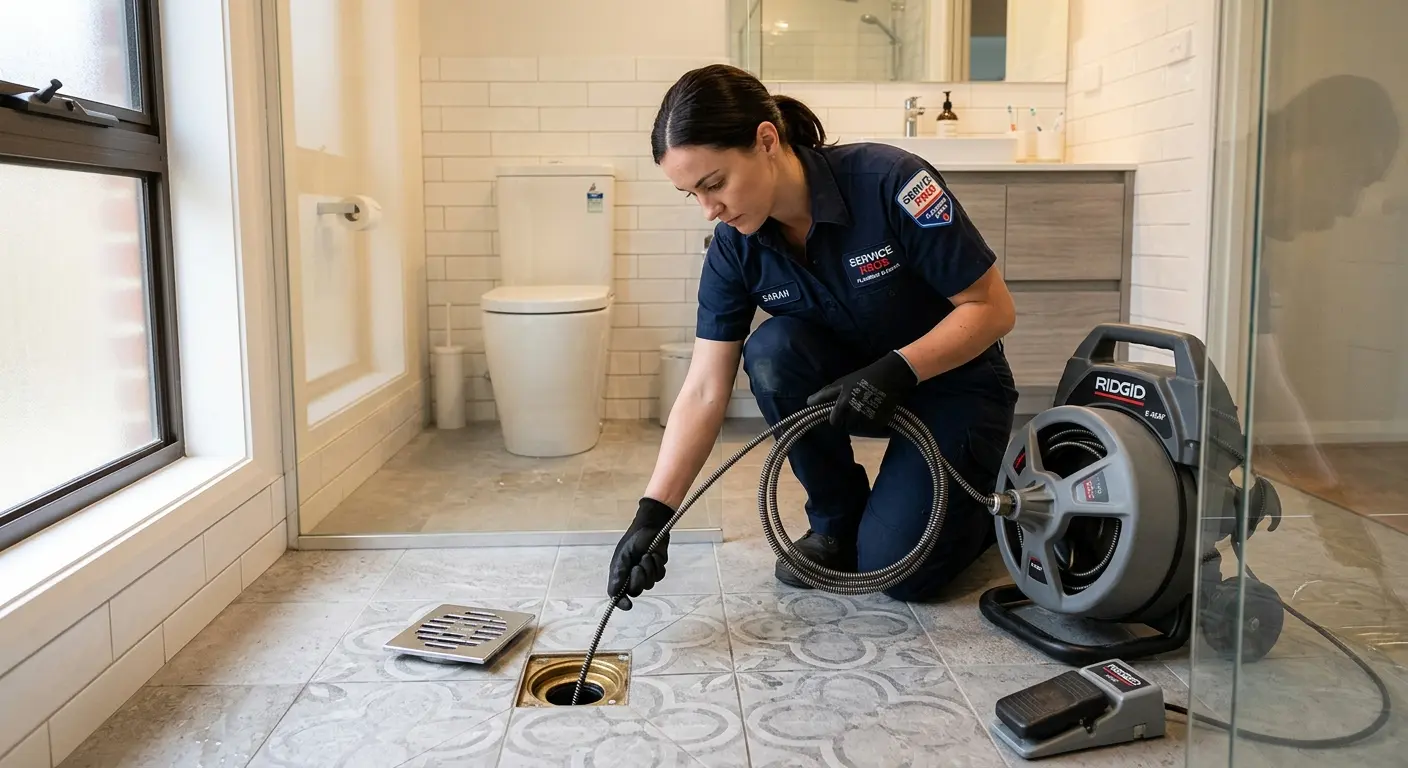 Technician clearing a bathroom floor drain for Drain Cleaning in Elizabeth